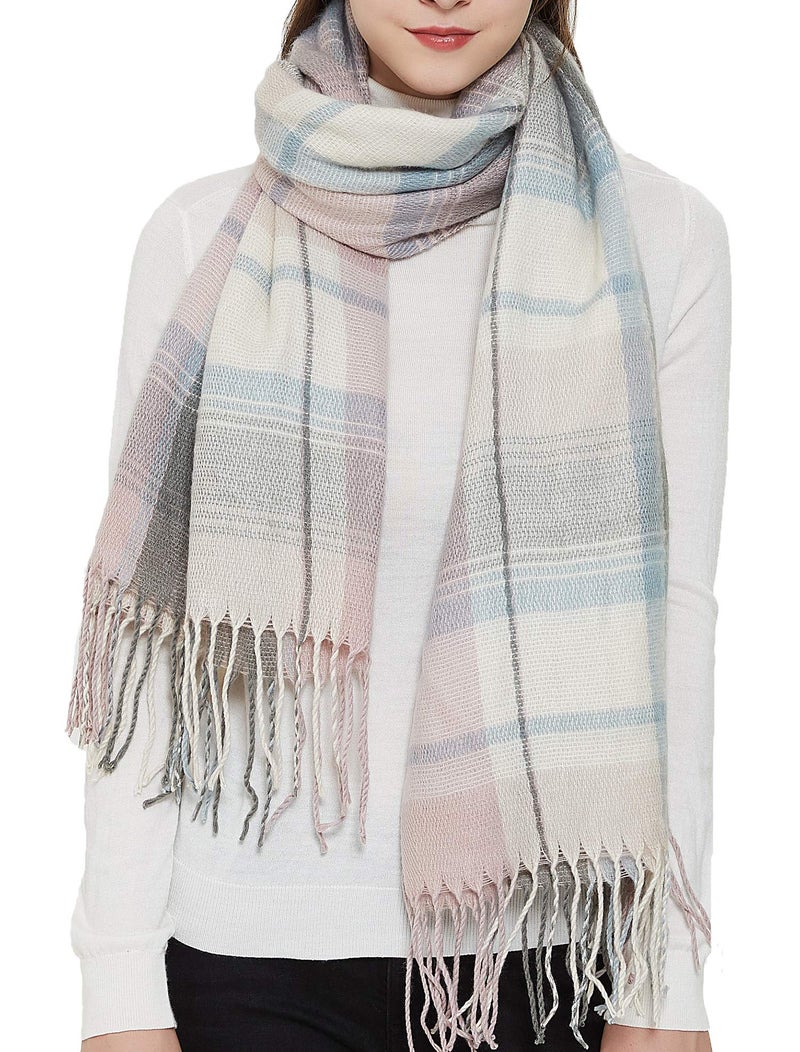 Wander Agio Womens Fashion Long Shawl Big Scarves Grid Winter Warm Large Plaid Scarf Pink Grey 5 - Image 5